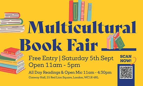 Multicultural Book Fair flyer showing vibrant artwork representing global cultures and information about the upcoming book fair.”